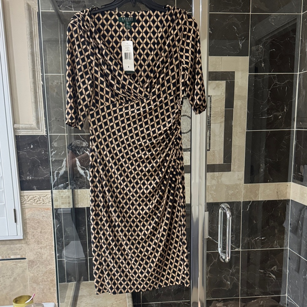Lauren Ralph Lauren Black and Tan Geometric Faux-Wrap Midi Dress